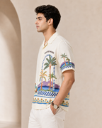 Men Tropical Scenic Printed Half Sleeve Shirt | Cream Casual Button-Down Shirt | Regular Fit Summer Wear