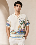 Men Tropical Scenic Printed Half Sleeve Shirt | Cream Casual Button-Down Shirt | Regular Fit Summer Wear