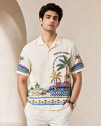 Men Tropical Scenic Printed Half Sleeve Shirt | Cream Casual Button-Down Shirt | Regular Fit Summer Wear