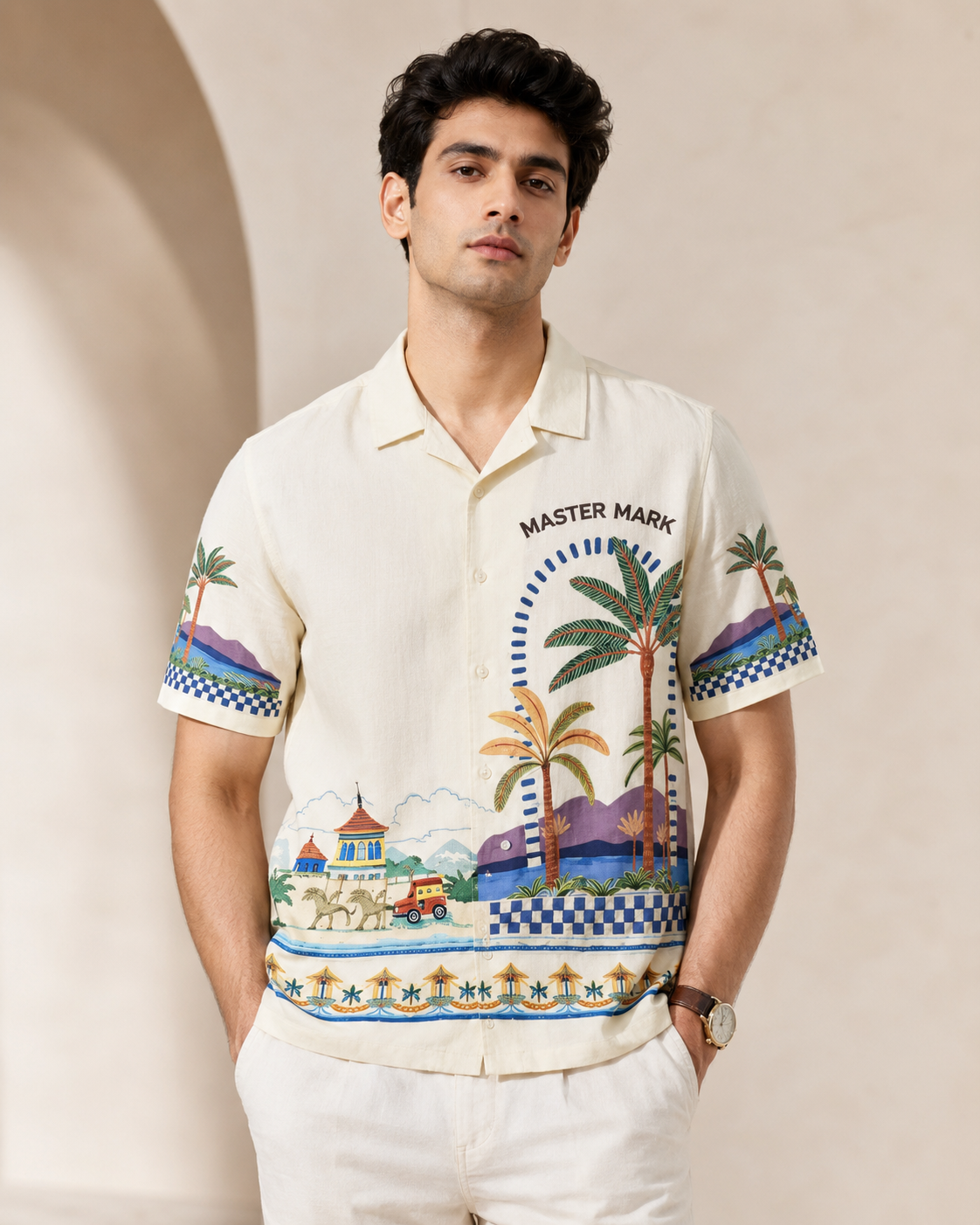 Men Tropical Scenic Printed Half Sleeve Shirt | Cream Casual Button-Down Shirt | Regular Fit Summer Wear
