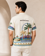 Men Tropical Scenic Printed Half Sleeve Shirt | Cream Casual Button-Down Shirt | Regular Fit Summer Wear