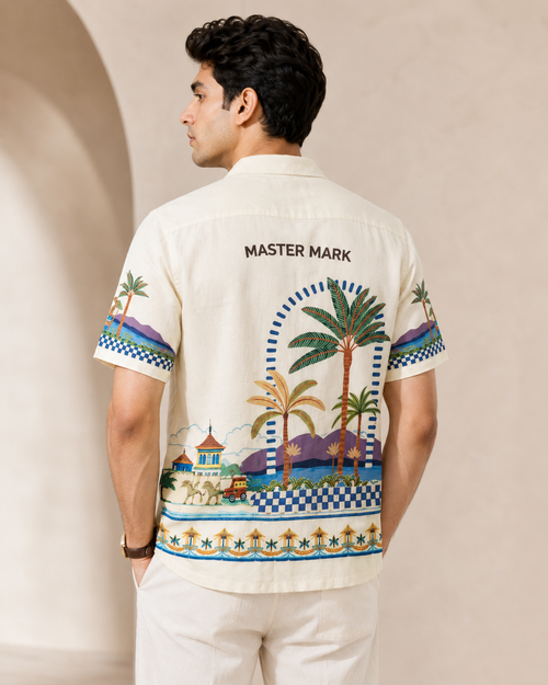 Men Tropical Scenic Printed Half Sleeve Shirt | Cream Casual Button-Down Shirt | Regular Fit Summer Wear